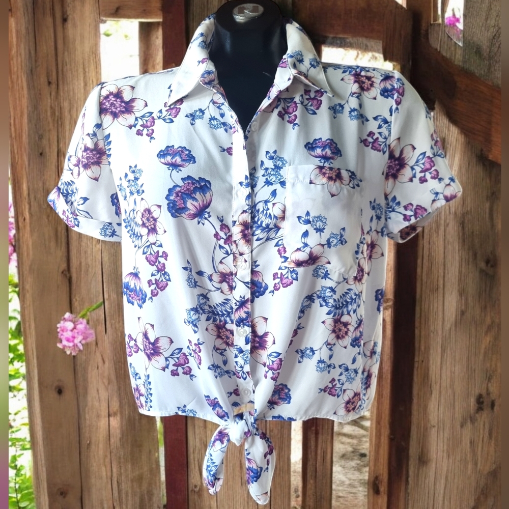 Pink Rose White Floral Front Tie Button Down Blouse